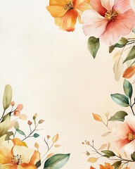 Watercolor floral border with peach and yellow flowers on a beige background.