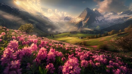Obraz premium Idyllic mountain landscape in the Alps with blooming meadows in springtime. 