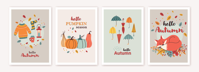 Autumn poster template collection in flat design. Fall, Thanksgiving day card or background set in trendy style. Vector illustration.