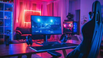 Fototapeta premium Powerful Personal Computer Gamer Rig with First-Person Shooter Game on Screen. Monitor Stands on the Table at Home