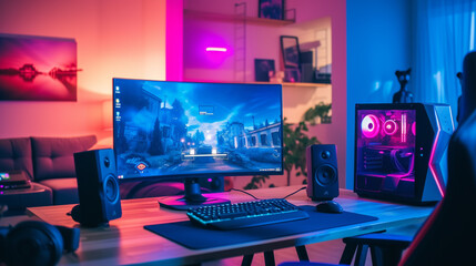 Fototapeta premium Powerful Personal Computer Gamer Rig with First-Person Shooter Game on Screen. Monitor Stands on the Table at Home