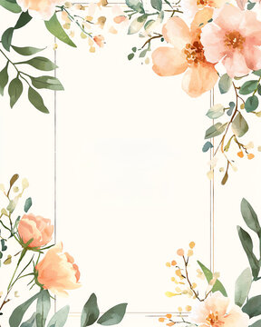 Watercolor floral border with peach flowers and green leaves on a cream background.