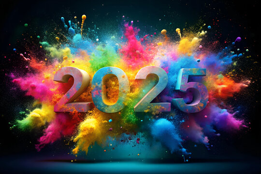Vibrant 2025 Typography with Color Explosion Background. Dynamic 2025 Graphic Design with Spectrum Color Bursts