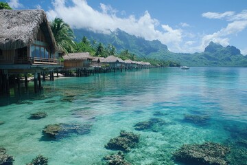 Crystal clear water surrounding tropical bungalows in bora bora french polynesia