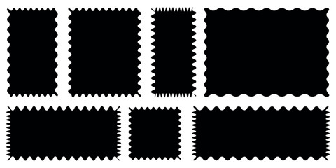 Rectangle shape frame with zigzag edge. Geometric zig zag wavy stickers. Wiggly undalute square badge, ate poster, banner, soci. Vector graphic illustration.