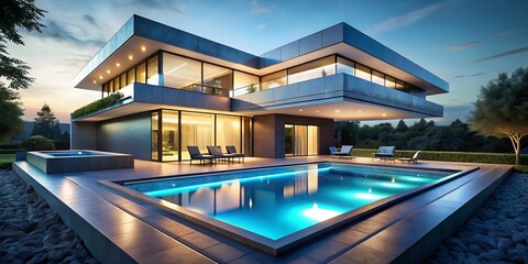 Fototapeta premium futuristic above ground pool design modern architecture sleek lines geometric shapes innovative lighting futuristic ambiance cutting-edge technology swimming luxury
