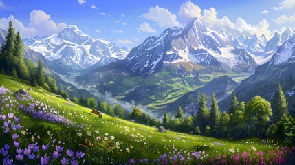 Fototapeta premium Idyllic mountain landscape in the Alps with blooming meadows in springtime. 