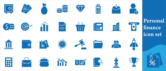 Personal finance icon set. Containing budget, savings, expense, income, tax, loan, statement, financial management, mortgage and more. Solid vector icons collection.