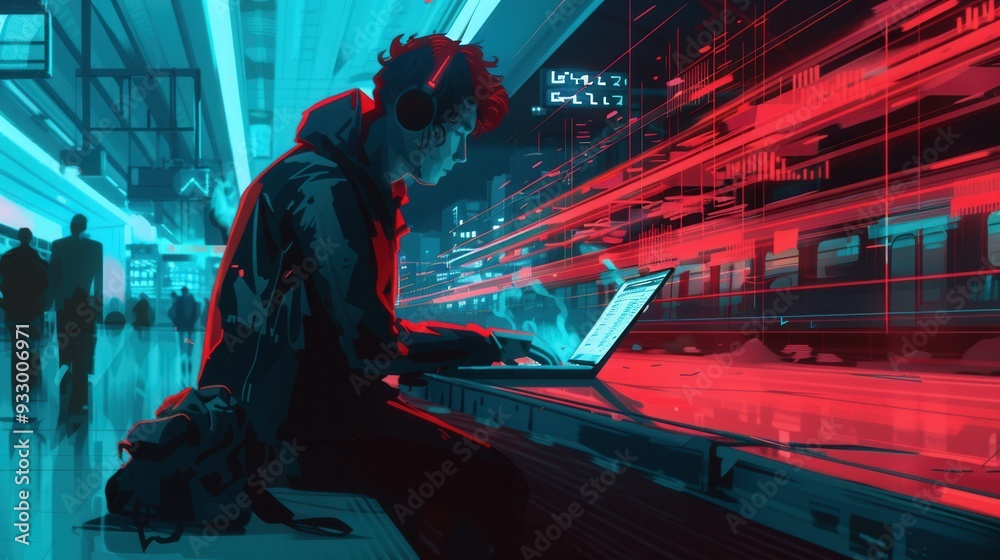 Poster a person works intently on a laptop in a crowded metro station, emphasizing the security risks assoc