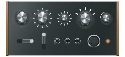 detailed vector illustration of an audio control panel with various knobs, a slider, input jacks, and a MIDI port, representing music production equipment