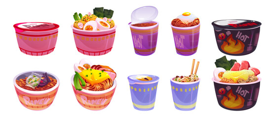 Instant noodle in closed and open paper cup, raw and ready to eat with spices and eggs, chicken or beef meat pieces, vegetables. Cartoon vector set of oriental traditional ramen meal package.