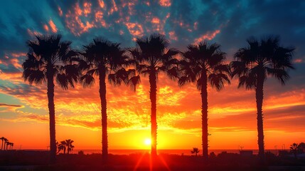 Obraz premium Palm Trees Silhouette Against a Fiery Sunset.