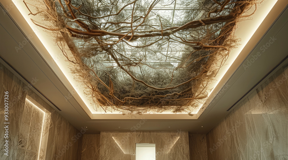 Aufkleber Ceiling with dried root vines and minimal creepers on top of a hotel lobby. Generative AI.