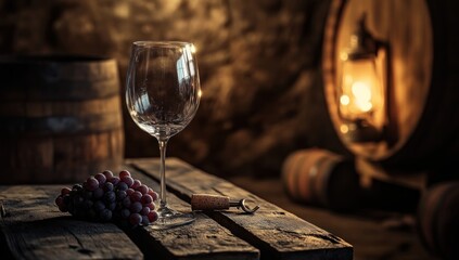 Wine Glass with Grapes and a Corkscrew in a Rustic Cellar Setting