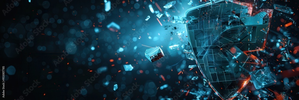 Poster a hacker breaks through a digital shield, creating a burst of fragments in a cybersecurity breach sc