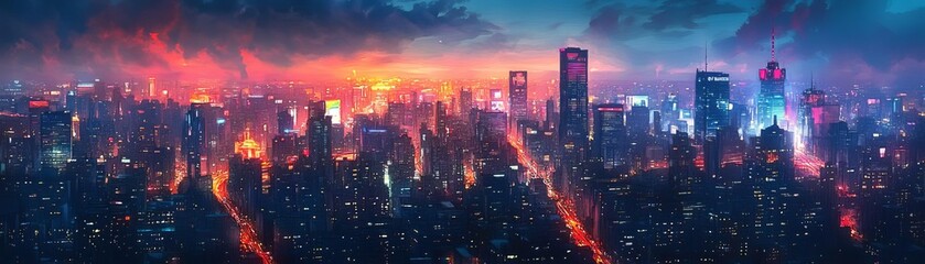 Fototapeta premium Vibrant cityscape at dusk, glowing lights, bustling streets, urban energy, watercolor style, bold contrasting colors