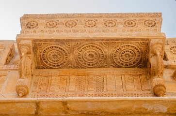 Jaisalmer Fort, Intricate stonework, Details of beautiful heritage building, carving windows or zarokas made up of yellow limestone, UNESCO world heritage site, Jaisalmer, Rajasthan, India, Asia.