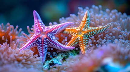 Two colorful starfish on coral reef.