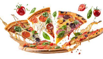 delicious pizza slices Splashes on a white isolated background. Generative AI.