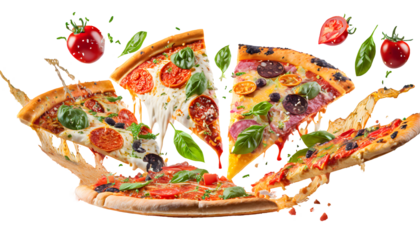 delicious pizza slices Splashes on a white isolated background. Generative AI.