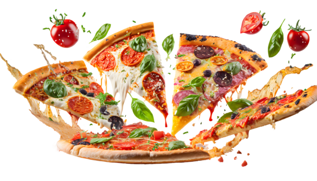 delicious pizza slices Splashes on a white isolated background. Generative AI.