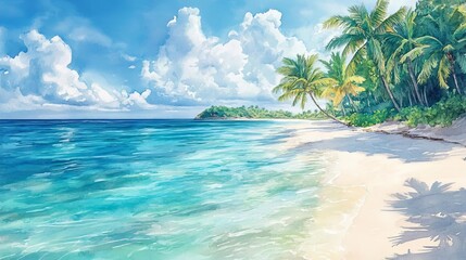 Tropical paradise beach, crystal clear water, white sandy shore, lush palm trees, watercolor style, vivid turquoise and emerald
