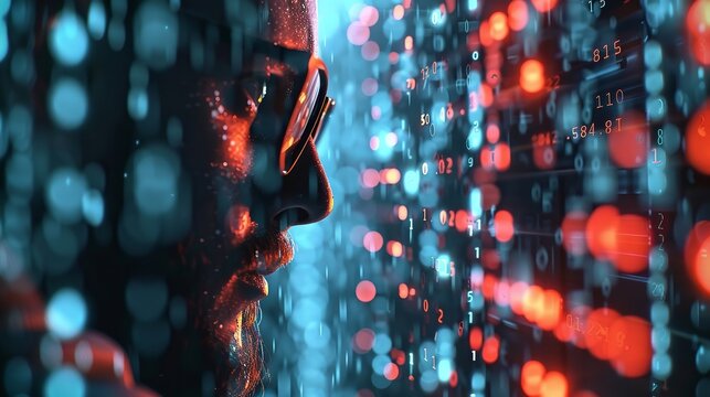A man in front of a digital screen with binary code, symbolizing hacking and cyber security threats