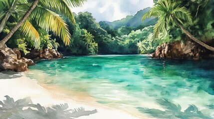 Tropical paradise beach, crystal clear water, white sandy shore, lush palm trees, watercolor style, vivid turquoise and emerald