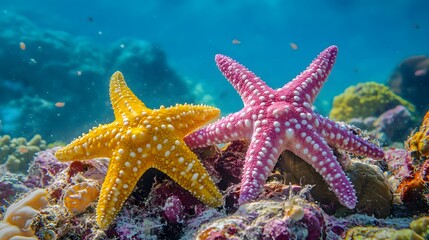 Yellow and Pink Starfish on Coral Reef.