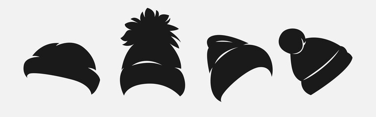 Set silhouettes of beanie, winter hat. Icon, logo on white background. Vector illustration.