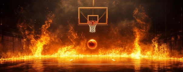 Fotobehang Dynamic basketball hoop with flaming basketball in a fiery court © Georgii