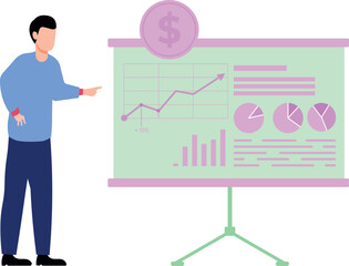 Boy giving dollar chart graph presentation.