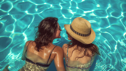 Two friends share an incredibly joyful moment in a sparkling blue pool, perfectly capturing the true essence of summer, happiness, and the wonderful bond of friendship that they cherish