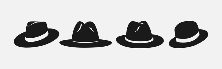Set silhouettes of fedora hat. Icon, logo  on white background. Vector illustration.