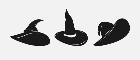 Set silhouettes of witch, wizard hat. Icon, logo on white background. Vector illustration.