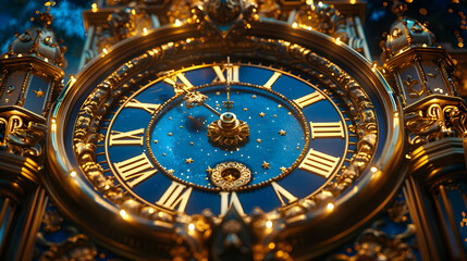 Obraz premium Closeup of a Golden Clock Face with Blue Background and Stars Illustration