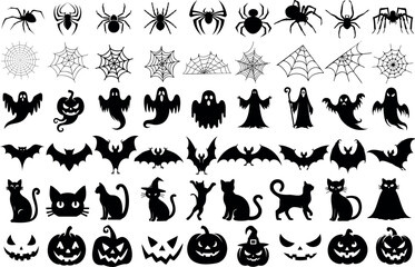 Halloween element vector set, spider bat ghost pumpkin cat silhouette. Creepy decorations for spooky designs, invitations, and party themes. Ideal icon for creating festive holiday visuals, banners