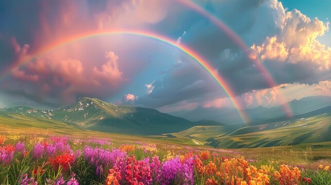On a vast grassland, a brilliant rainbow appeared in the sky, with seven colors interwoven into a brilliant bridge connecting two distant mountain. Generative AI.