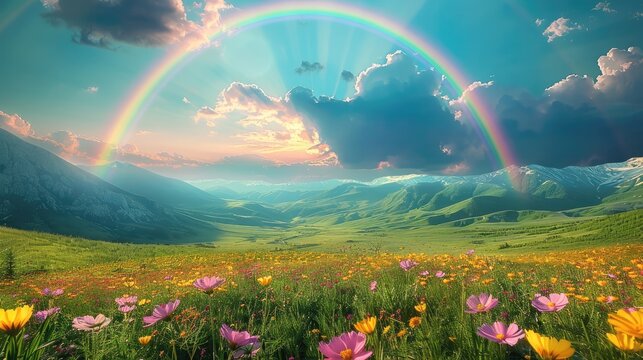 On a vast grassland, a brilliant rainbow appeared in the sky, with seven colors interwoven into a brilliant bridge connecting two distant mountain. Generative AI.