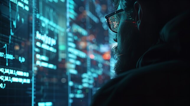 A man in front of a digital screen with binary code, symbolizing hacking and cyber security threats