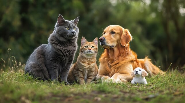 British Shorthair cats and Golden Retriever dogs getting along amicably, showcasing a harmonious interaction between the two different breeds.