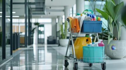 Professional janitorial cart with cleaning supplies in corporate office environment