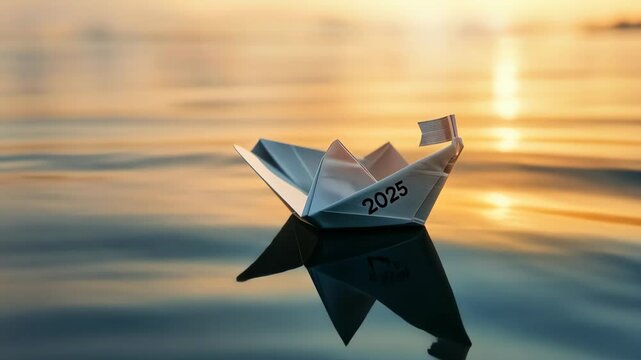 A paper boat with a flag of red and written 2025 floating on calm water at sunrise, symbolizing new beginnings for the New Year.