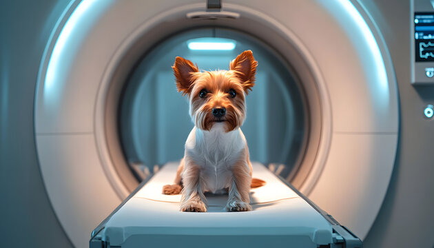 Cute dog sitting on the MRI and waiting for the procedure isolated with white highlights,
