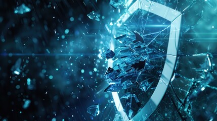 A hacker shatters a digital shield, sending fragments into the virtual space, symbolizing a successful breach in cybersecurity. Generative AI
