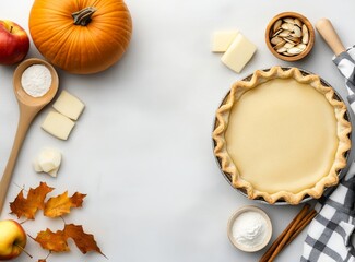 Autumn baking background with ingredients for making pumpkin pie