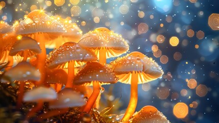 A magical close-up of glowing orange mushrooms surrounded by shimmering bokeh lights, creating an enchanting forest scene that captures the beauty and mystery of nature.

