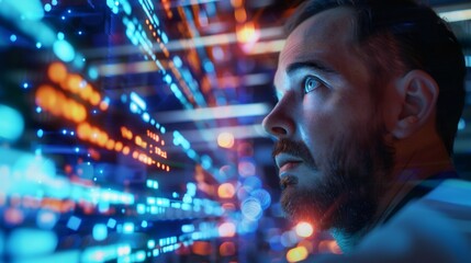 software developer coding on a futuristic holographic interface.