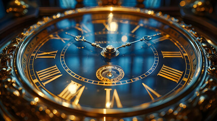 Fototapeta premium Closeup of an Antique Clock Face with Roman Numerals and Golden Accents Illustration