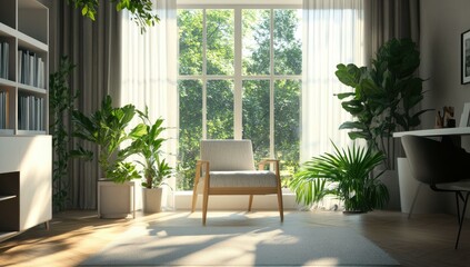 Fototapeta premium A living room with a window, chair, plants, and a